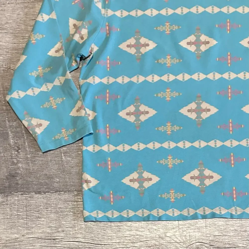 Pendleton Aztec Print V Neck Shirt Womens M 3/4 Sleeve Blue Teal Southwestern - Picture 2 of 6